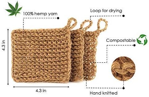 Natural Hemp Sponge for Dishes (3 PACK) - Biodegradable Scrubber for dishwashing -Organic Reusable Unsponges Hand Knitted- Eco Friendly 100%-Compostable 1ct
