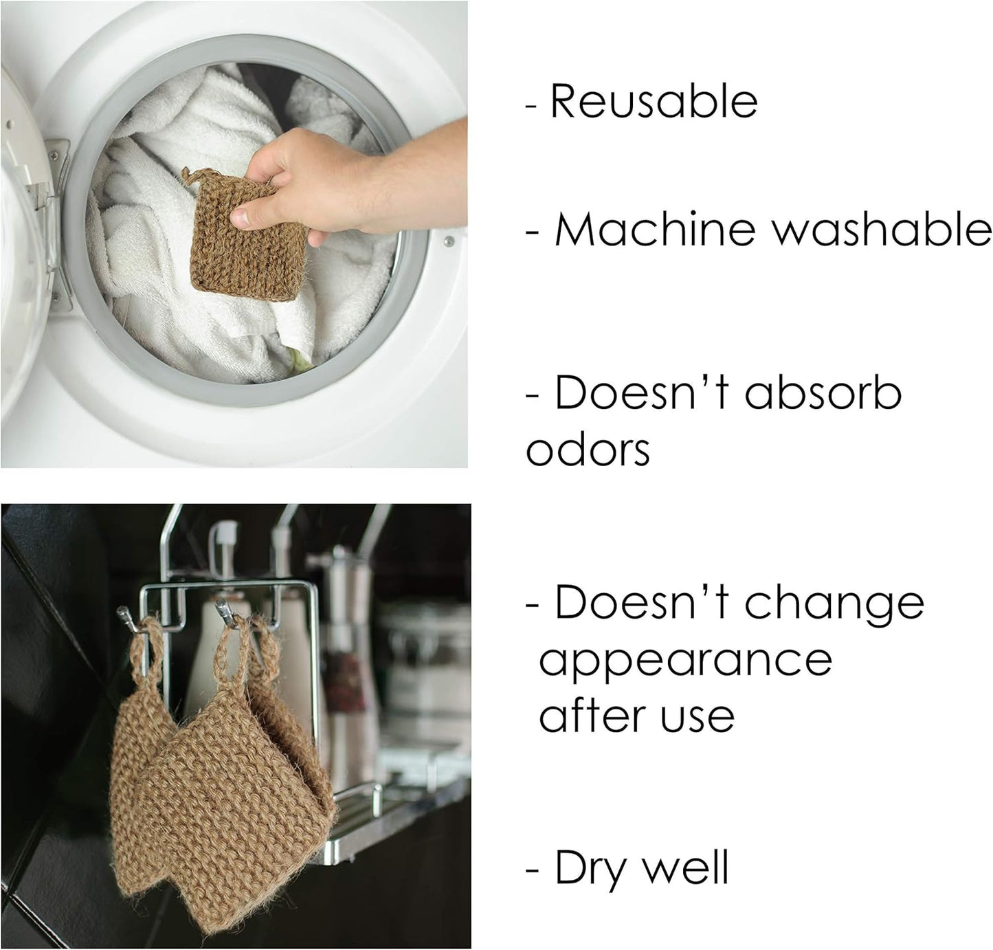 Natural Hemp Sponge for Dishes (3 PACK) - Biodegradable Scrubber for dishwashing -Organic Reusable Unsponges Hand Knitted- Eco Friendly 100%-Compostable 1ct